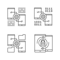 Smartphone displays linear icons set. Mobile phone settings, security synchronization, file manager. Thin line contour symbols. Isolated vector outline illustrations