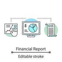 icono del concepto de informe financiero. Ilustración de línea fina de idea de análisis de mercado de valores. estadísticas comerciales. segmentación y análisis de clientes. dibujo de contorno aislado vectorial. trazo editable vector