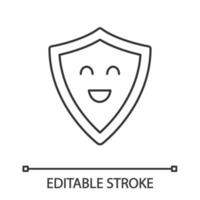 Smiling shield linear icon. Reliable protection, security. Thin line illustration. Easy safety. Defence. Happy shield. Emoji, emoticon. Contour symbol. Vector isolated outline drawing. Editable stroke