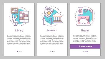 Entertainment and leisure onboarding mobile app page screen with linear concepts. Library, theater, museum steps graphic instructions. UX, UI, GUI vector template with illustrations