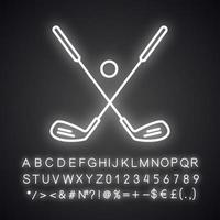 Ice hockey equipment neon light icon. Crossed hockey sticks and rubber puck. Glowing sign with alphabet, numbers and symbols. Vector isolated illustration