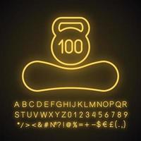 Maximum weight limit up to 100 kg neon light icon. Mattress weight recommendation per person of hundred kilograms. Glowing sign with alphabet, numbers and symbols. Vector isolated illustration