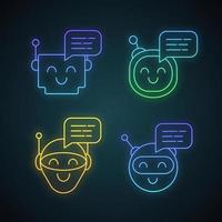 Conjunto de iconos de luz de neón de mensajes de chatbots. talkbots. asistentes virtuales riendo. agentes conversacionales. robots modernos. signos brillantes. ilustraciones vectoriales aisladas vector