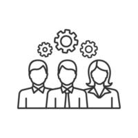 Teamwork linear icon. Leadership. Thin line illustration. Staff management. Contour symbol. Group of people with cogwheels. Vector isolated outline drawing