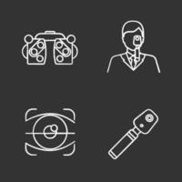 Ophthalmology chalk icons set. Phoropter, retina scan, ophthalmoscope, ophthalmologist. Isolated vector chalkboard illustrations