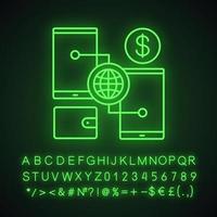 Digital wallet neon light icon. Online banking transactions. Cashless payment. Glowing sign with alphabet, numbers and symbols. Vector isolated illustration