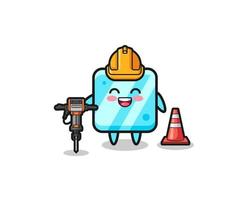 road worker mascot of ice cube holding drill machine vector