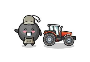 La mascota del granjero de bombas de pie junto a un tractor. vector