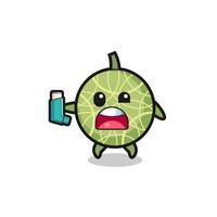 melon mascot having asthma while holding the inhaler vector