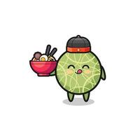 melón como mascota chef chino sosteniendo un tazón de fideos vector