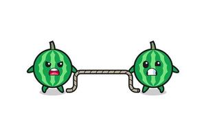 cute watermelon character is playing tug of war game vector