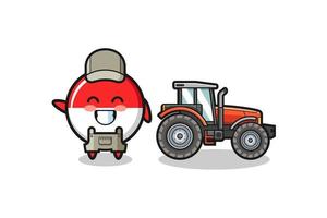 the indonesia flag farmer mascot standing beside a tractor vector