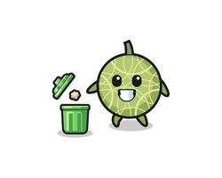 Ilustración del melón tirando basura en el bote de basura.