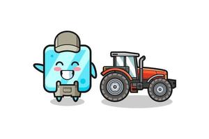 la mascota del granjero de cubitos de hielo de pie junto a un tractor vector