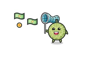 ilustración del melón atrapando dinero volador vector