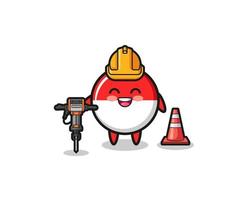 road worker mascot of indonesia flag holding drill machine vector