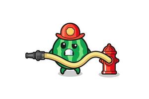 watermelon cartoon as firefighter mascot with water hose vector