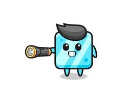 ice cube mascot holding flashlight vector