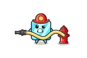 Dibujos animados de cubitos de hielo como mascota bombero con manguera de agua