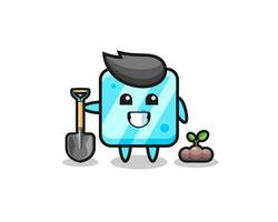 cute ice cube cartoon is planting a tree seed vector