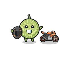 cute melon cartoon as a motorcycle racer vector