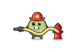 caricatura de melón como mascota bombero con manguera de agua vector