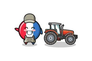 La mascota del granjero de la bandera de Francia de pie junto a un tractor vector