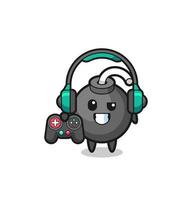 bomb gamer mascot holding a game controller vector