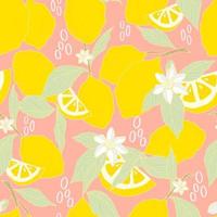 vector de patrones sin fisuras limones y limones en rodajas sobre un fondo rosa. patrón de limón de verano para fondo, tela, papel, textil, invitaciones, páginas web.