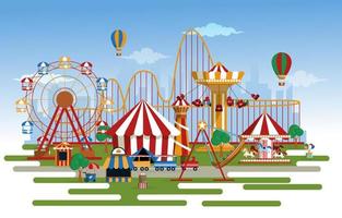 parque de atracciones paseos divertidos carnaval feria ilustración vectorial plana vector