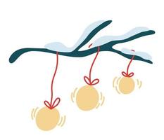 ramita con nieve y juguetes de árbol de Navidad. decoración para el hogar, vacaciones, feliz navidad y año nuevo. Ilustración de sorteo de mano de dibujos animados de vector sobre un fondo blanco.