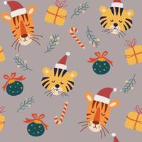 Tiger Cubs Muzzles Christmas seamless pattern. Gifts, Christmas tree, toys and twigs. Vector illustration for decor, textile, wallpaper, print and New Years design