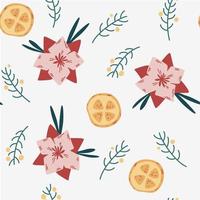 Happy New Year and Merry Christmas seamless pattern. Christmas flower, poinsettia, orange slices and twigs. Vector illustration for decor, textile, wallpaper, print and New Years design