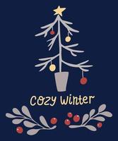 tarjeta de navidad con un árbol de navidad y ramitas. plantilla de tarjetas de felicitación de diseño de naturaleza de vacaciones de invierno, marco, texto invierno acogedor, fondo blanco. vector ilustración de Navidad.
