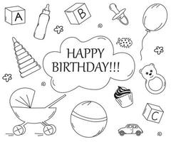black and white set of children's toys in the doodle style vector
