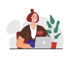 mujer joven trabaja en línea con la computadora portátil en casa ilustración vectorial vector