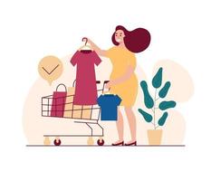 Happy woman shopping clothing with cart vector