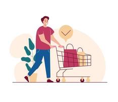 Happy man shopping with cart vector