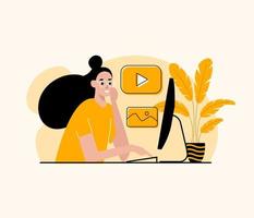 Happy Young woman works online with laptop at home. vector