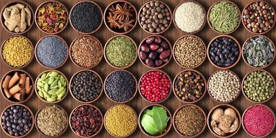 spices and herbs in cups. colorful seasonings wallpaper photo