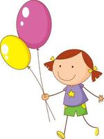 un niño doodle sosteniendo globos personaje de dibujos animados aislado vector