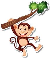 Monkey hanging on tree branch cartoon character sticker vector