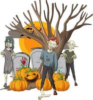 Creepy zombies with scary pumpkin and gravestone vector