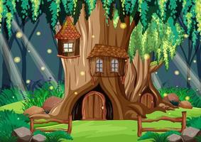 Fantasy forest scene with hollow tree house vector