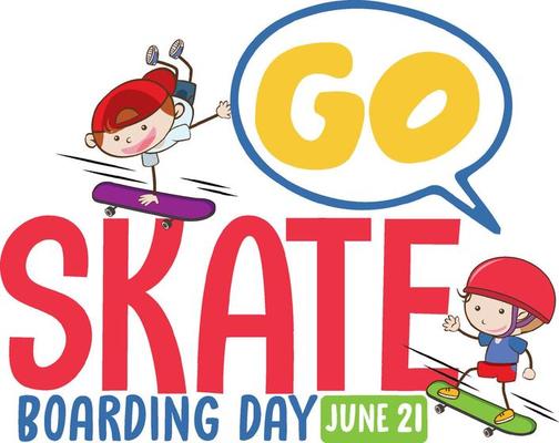 Go Skateboarding Day banner with kids skater cartoon character