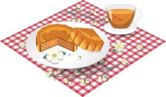 Lotus mooncake with teacup set on tablecloth vector