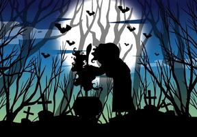 Silhouette witch with full moon background vector