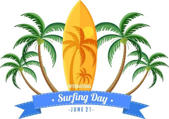 International Surfing Day banner with surfboard and palm trees isolated