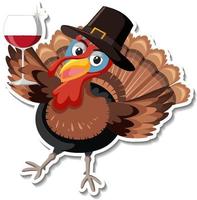 Turkey animal holding wine glass cartoon character sticker vector