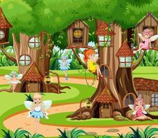 Fantasy forest with cute fairies vector